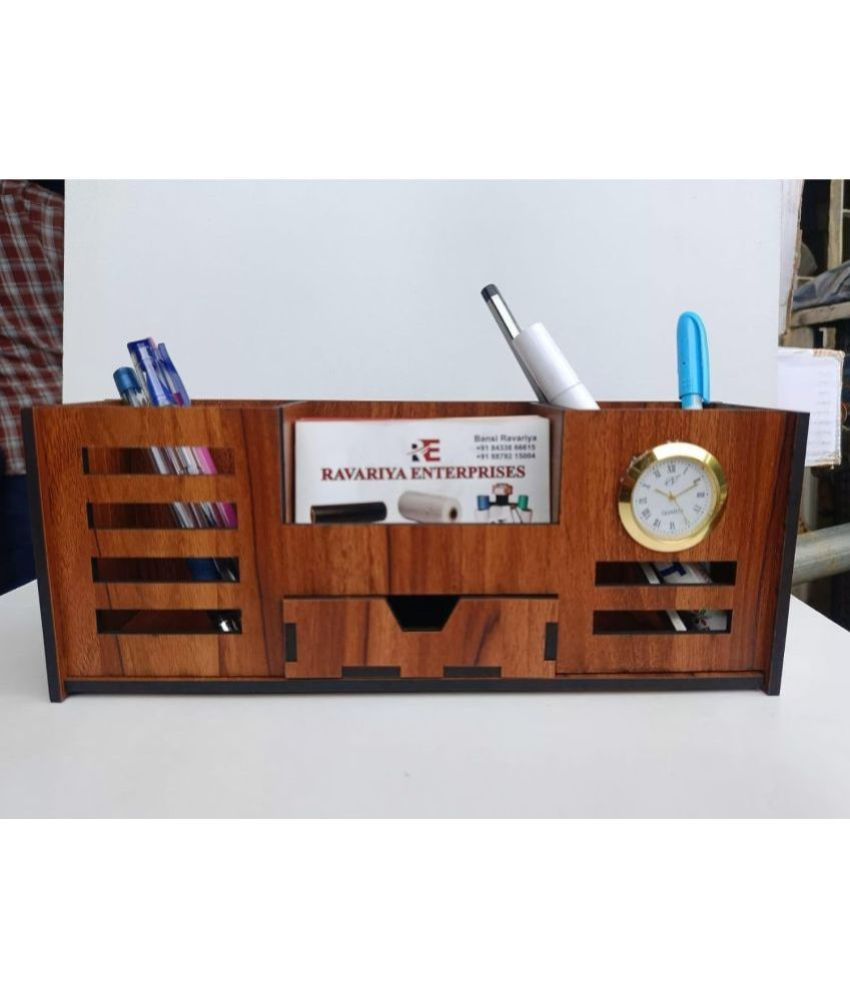     			BIG BOSS ENTERPRISES Four Compartment Pen Stand Holder With Watch And Drawer | Wooden Pen Stand With Clock, Mobile and Visiting Card Holder for Office Desk and Study Table(Brown)