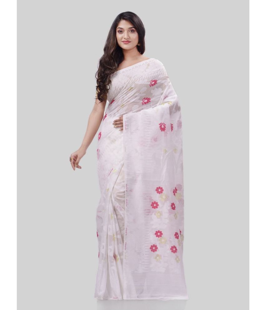     			Desh Bidesh - White Cotton Saree Without Blouse Piece ( Pack of 1 )