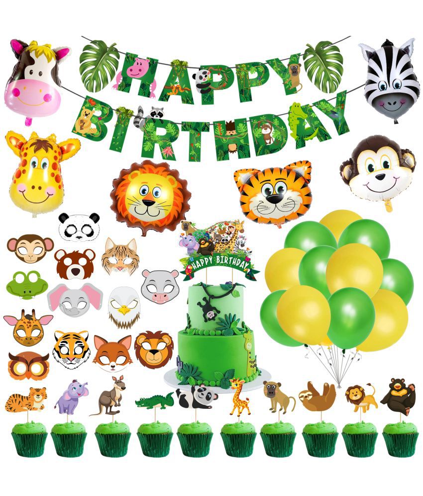    			Zyozi Jungle Safari Happy Birthday Decorations Combo - Birthday Party Decoration Banner with Latex Balloons,Cake Topper, Sticker, Foil Balloons (Pack of 56)