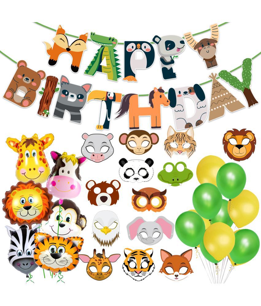     			Zyozi Jungle Safari Happy Birthday Decoration Kids - Birthday Party Decoration Banner with Latex Balloons, Foil Balloons & Sticker (Pack of 45)