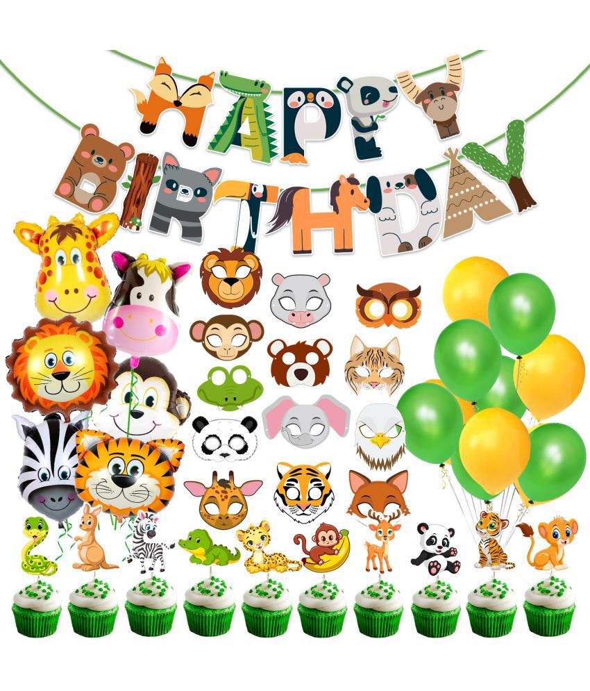     			Zyozi Jungle Safari Happy Birthday Decoration Kids - Birthday Decoration Banner with Latex Balloons, Foil Balloons , Sticker, CupCAKE Topper (Pack of 55)