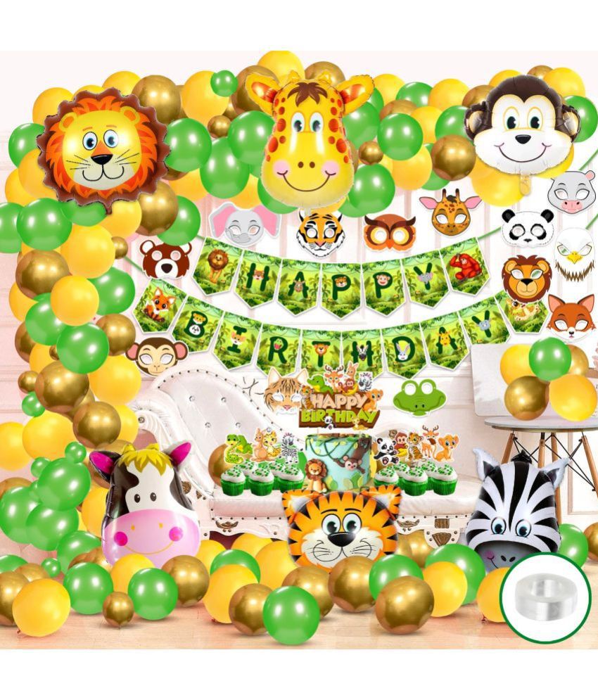     			Zyozi Jungle Safari Happy Birthday Decoration- Birthday Party Decoration Banner with Balloons, Cake Topper, Cup Cake Topper, Sticker and Foil Balloons (Pack of 102)