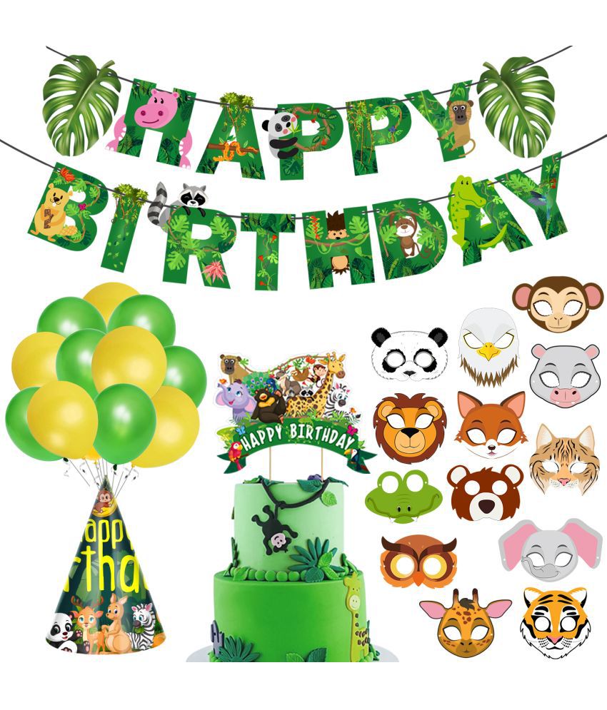     			Zyozi Jungle Safari Happy Birthday Decoration Kids - Birthday Banner with Latex Balloon, Birthday Cap, Sticker And Cake Topper (Pack of 41)