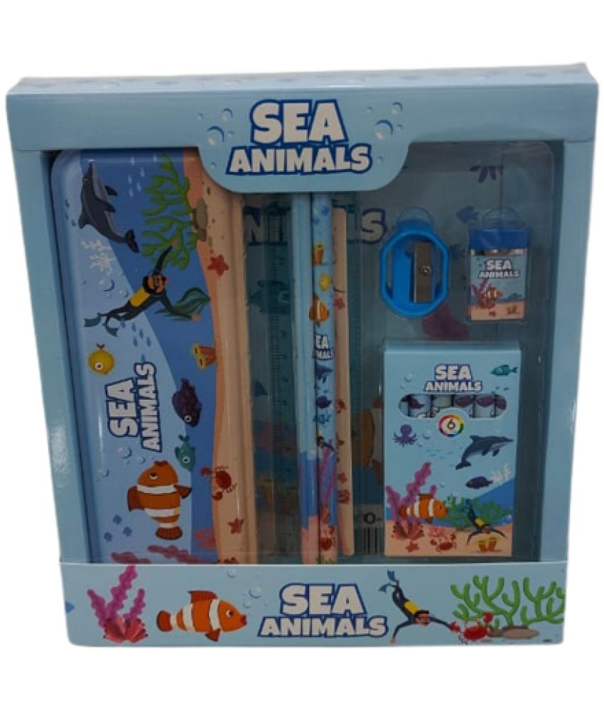     			2307Y- 12 pcs All in One SEA ANIMAL Theme Stationery Set Combo Boys Girls Pencil Box Set School Supplies Stationery Gift Set Kit
