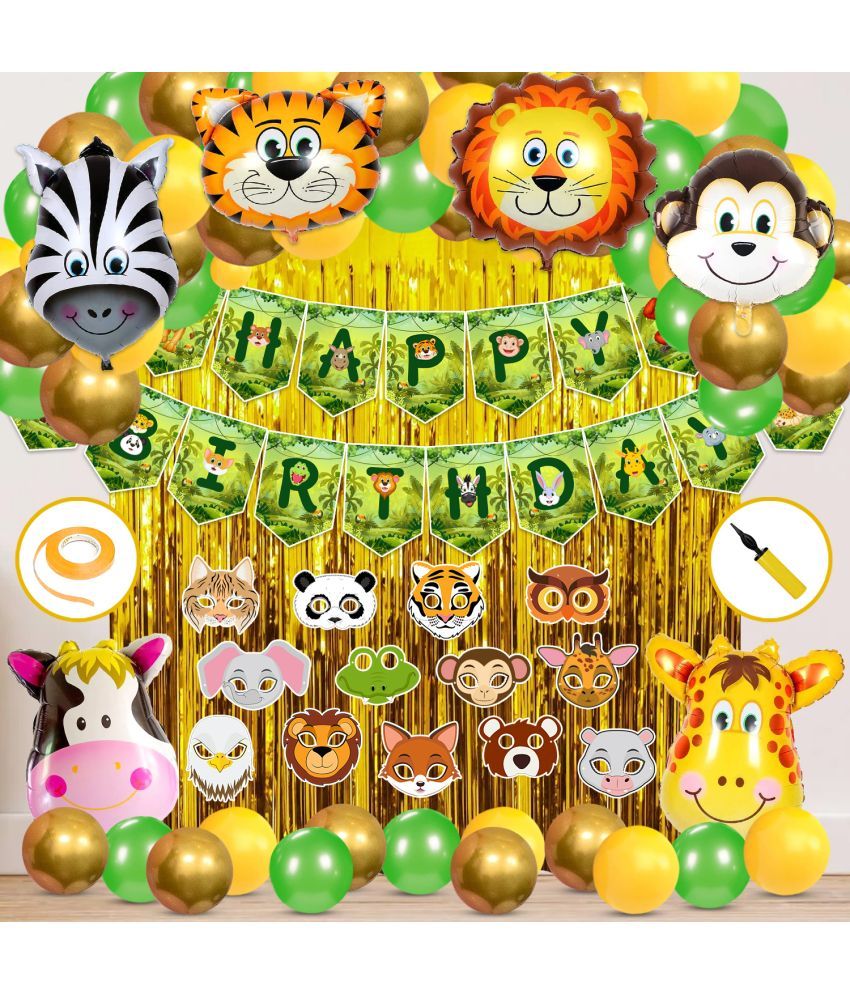     			Zyozi Jungle Safari Birthday Decorations - Birthday Party Decoration Banner with Balloons, Hand Balloon Pump, Foil Curtain, Sticker and Foil Balloons (Pack of 69)