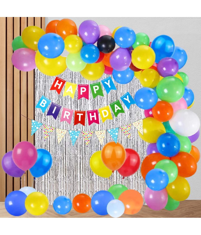     			Happy Birthday Banner ( Multi ) + 30 Pc Balloon ( Multi ) + 2 Pc Fringe ( Silver ) + 1 Pc Bunting Flag ( Blue ) + 1 Pc Ribbon