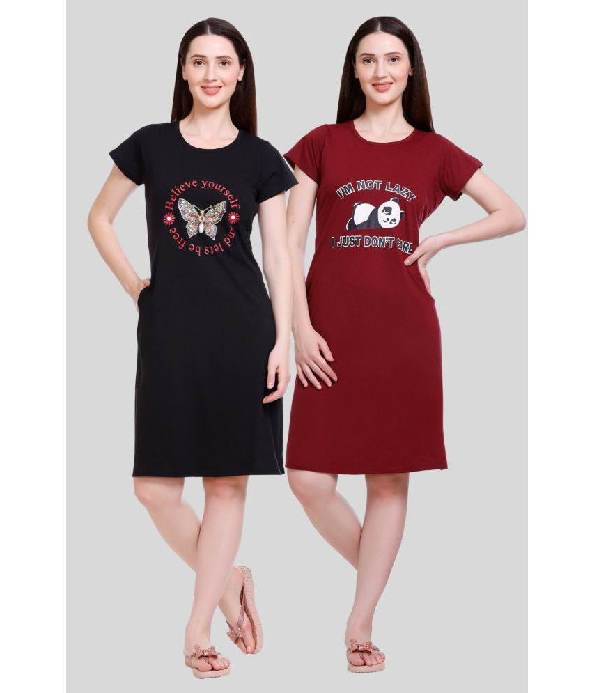     			White Moon - Black Cotton Women's Nightwear Night T-Shirt ( Pack of 2 )