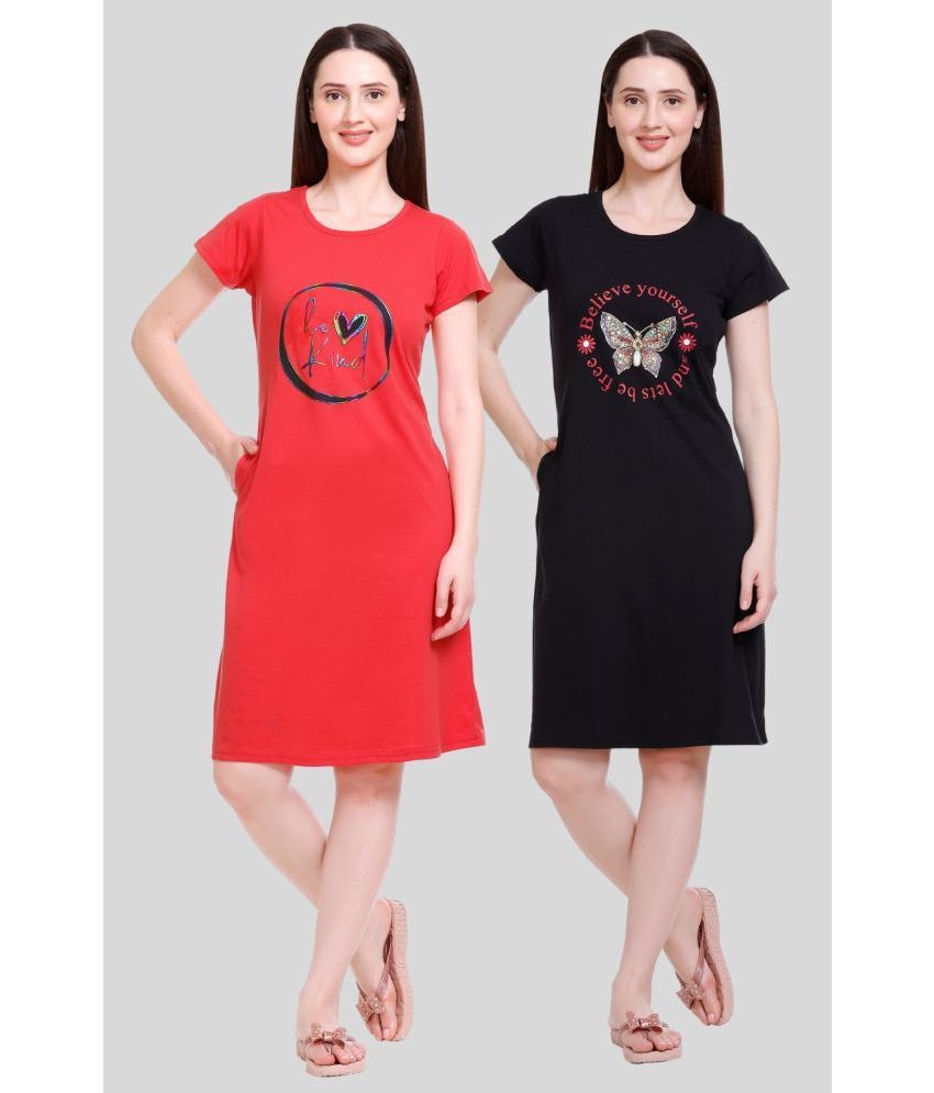     			White Moon - Red Cotton Women's Nightwear Night T-Shirt ( Pack of 2 )