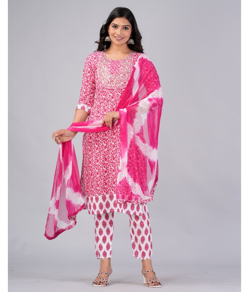     			MAUKA Cotton Printed Kurti With Pants Women's Stitched Salwar Suit - Pink ( Pack of 1 )