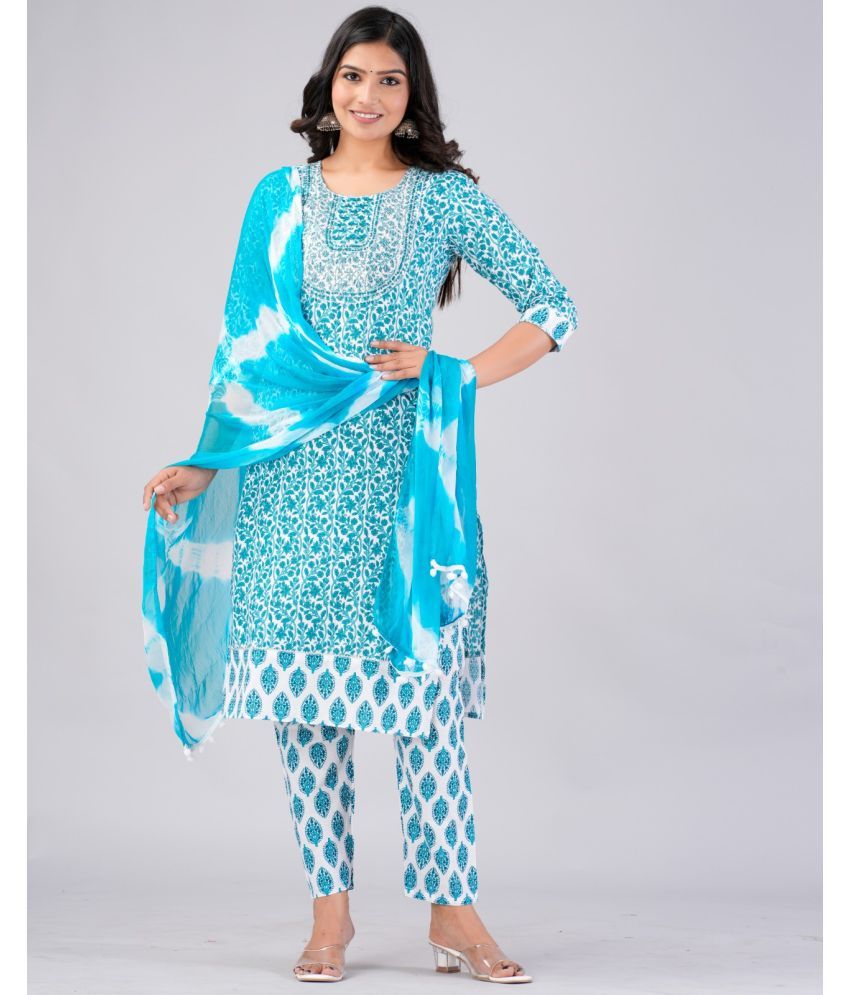     			MAUKA Cotton Printed Kurti With Pants Women's Stitched Salwar Suit - Blue ( Pack of 1 )