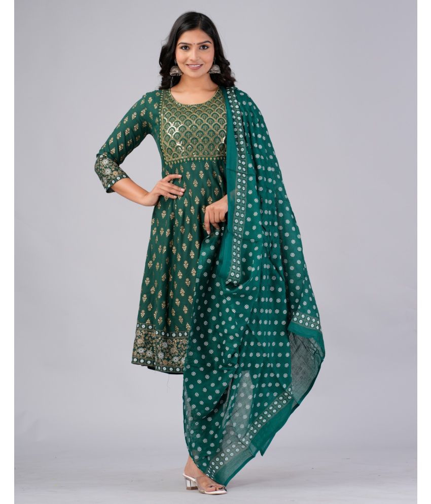     			MAUKA Rayon Printed Kurti With Pants Women's Stitched Salwar Suit - Green ( Pack of 1 )
