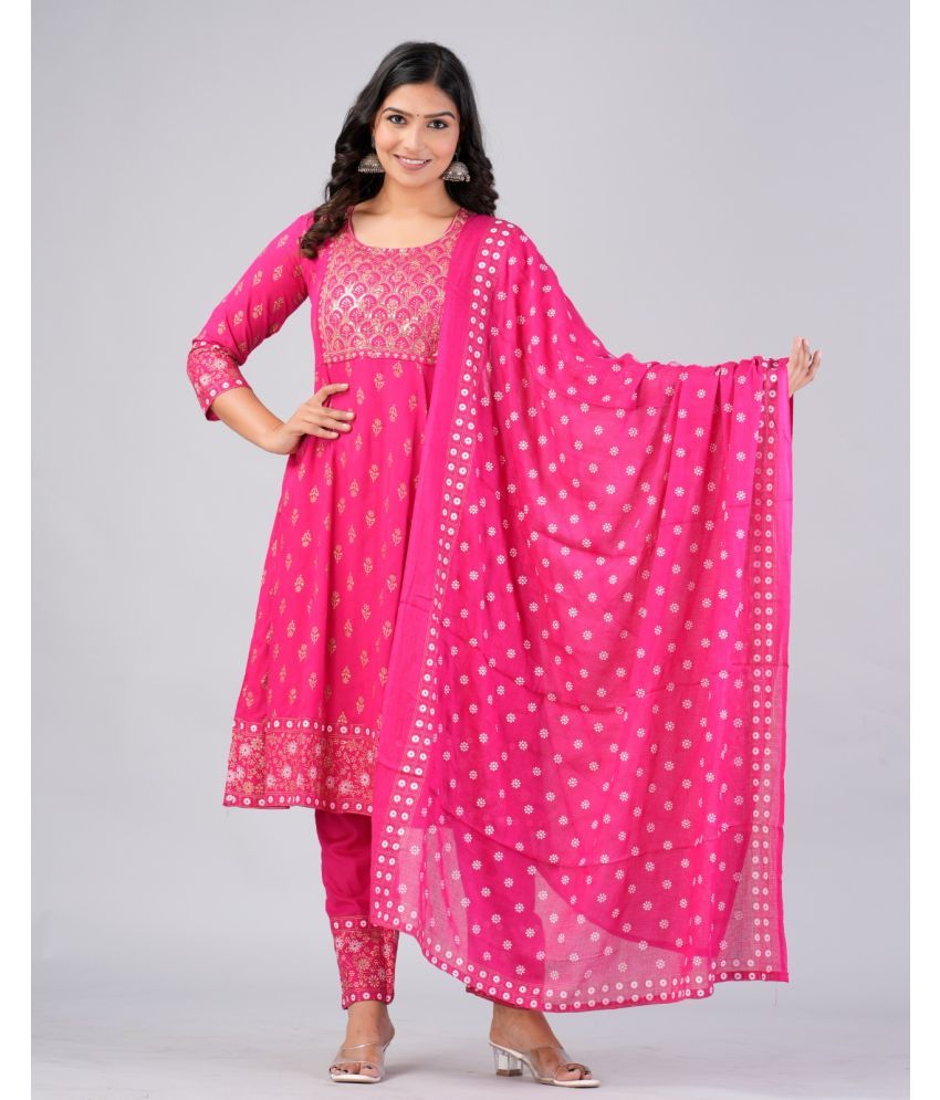     			MAUKA Rayon Printed Kurti With Pants Women's Stitched Salwar Suit - Pink ( Pack of 1 )