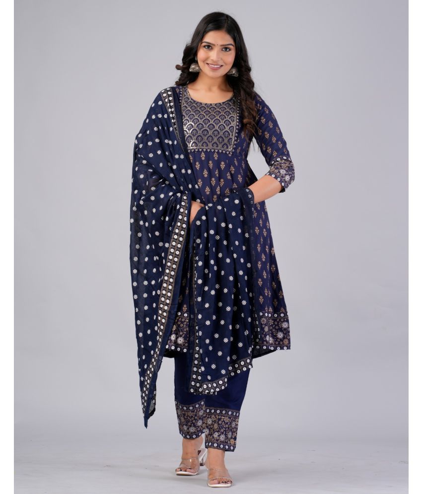     			MAUKA Rayon Printed Kurti With Pants Women's Stitched Salwar Suit - Blue ( Pack of 1 )
