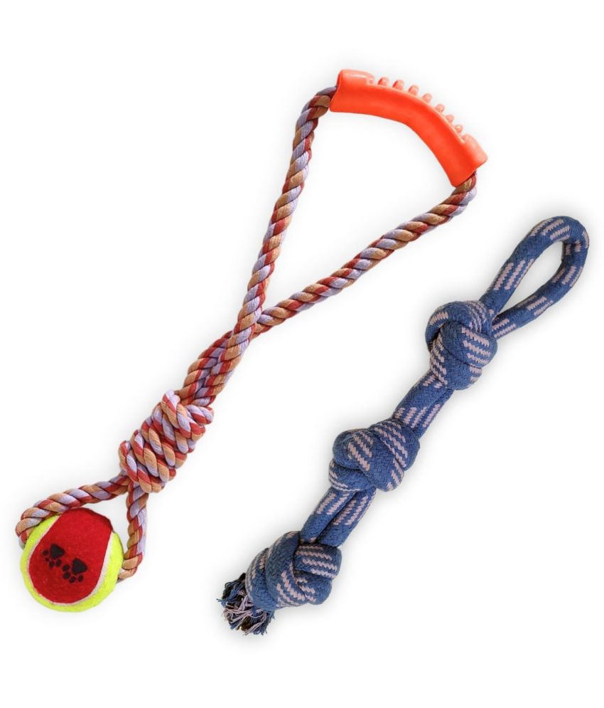     			MY SUPER PAWS rubber ball rope toy with knots & easy grip handle & 3 knots double rope tug rope l Natural cotton rope toys for dogs l Pack of 2