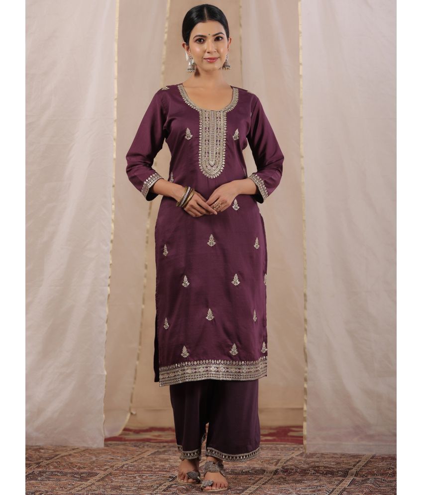     			Ishin Silk Embroidered Straight Women's Kurti - Purple ( Pack of 1 )