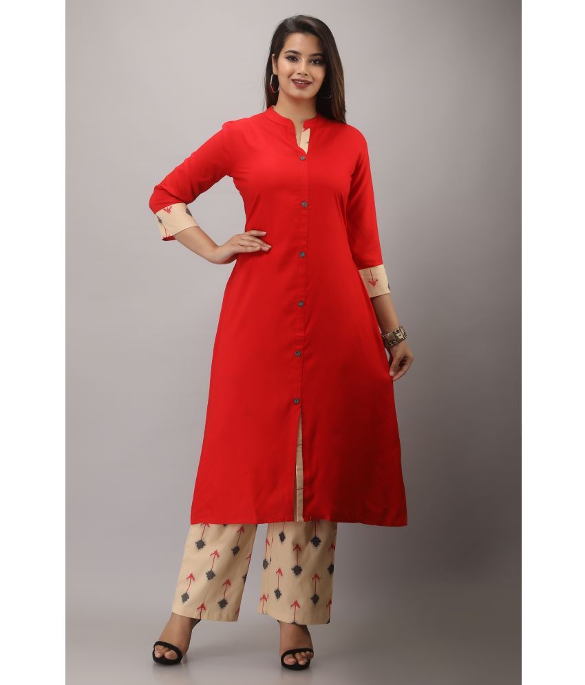     			MAUKA Rayon Printed Kurti With Palazzo Women's Stitched Salwar Suit - Red ( Pack of 1 )