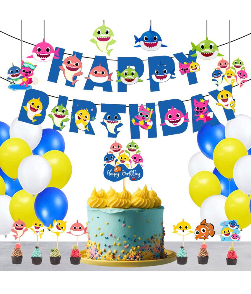     			Baby Shark Theme Birthday Banner + 1 pc. Cake Topper+ 6 Pc. Cutout+ 7 Pc. Cupcake Topper+ 30 Metallic Balloon (Yellow, Blue, White) Birthday Decorations Kit, Birthday Decoration items, Birthday Balloon Decoration Combo For Boys, Girls, Kids.