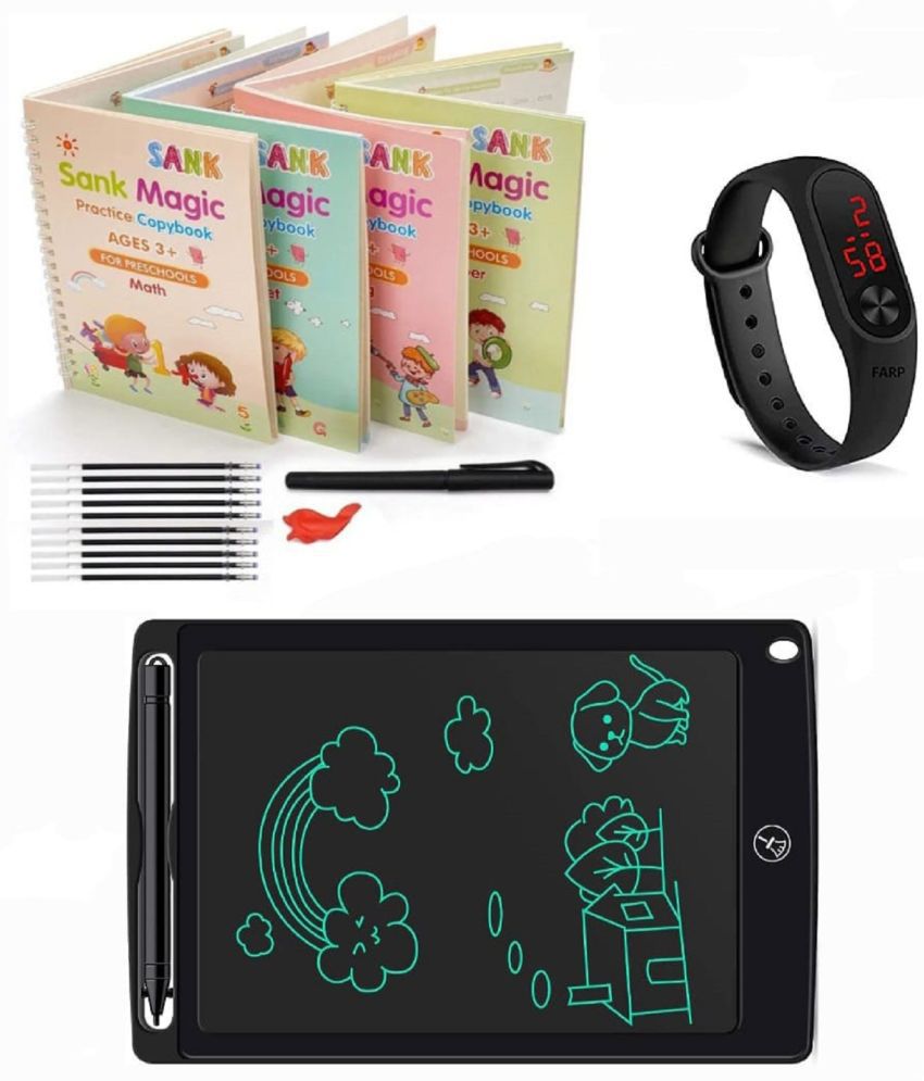     			Combo Of 3 Pack - Sank Magic Practice Copy book & LCD Writing Tablet slate & LED Band Watch Digitel Multicolor By Unico Traders