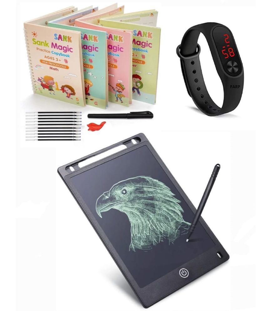     			Combo Of 3 Pack - Sank Magic Practice Copy book & LCD Writing Tablet slate & LED Band Watch Digitel Multicolor By Vinay Book Store