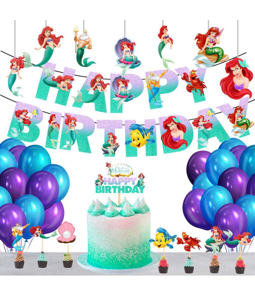     			Mermaid Theme Birthday Banner + 1 pc. Cake Topper+ 7 Pc. Cutout+ 7 Pc. Cupcake Topper+ 30 Metallic Balloon (Blue, Purple) Birthday Decorations Kit, Birthday Decoration items, Birthday Balloon Decoration Combo For Boys, Girls, Kids.