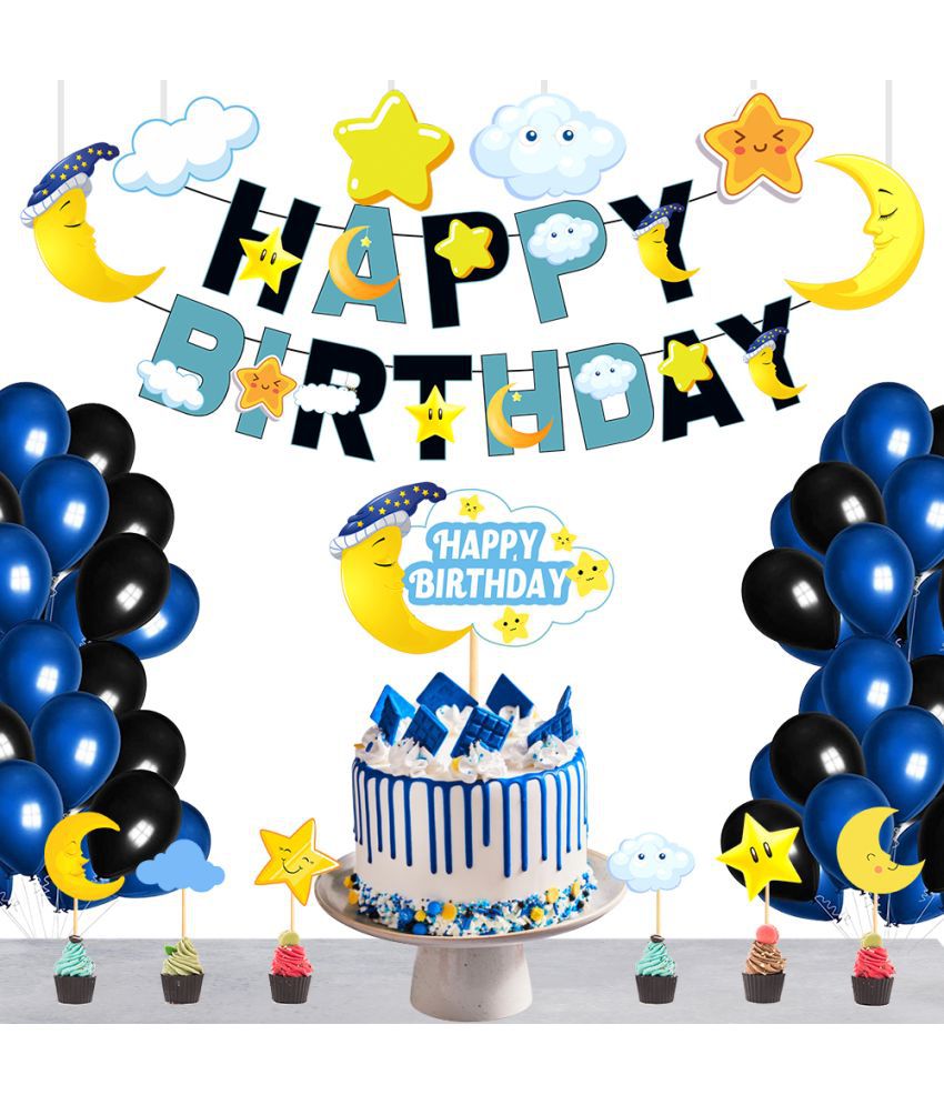     			Moon Star Space Theme Birthday Banner + 1 pc. Cake Topper+ 6 Pc. Cutout+ 6 Pc. Cupcake Topper+ 30 Metallic Balloon (Black, Blue) Birthday Decorations Kit, Birthday Decoration items, Birthday Balloon Decoration Combo For Boys, Girls, Kids.