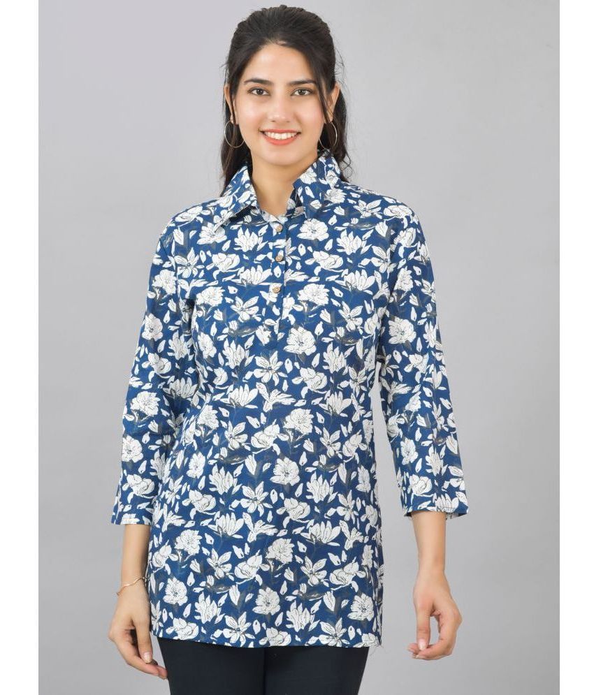     			QuaClo Cotton Printed Shirt Style Women's Kurti - Blue ( Pack of 1 )