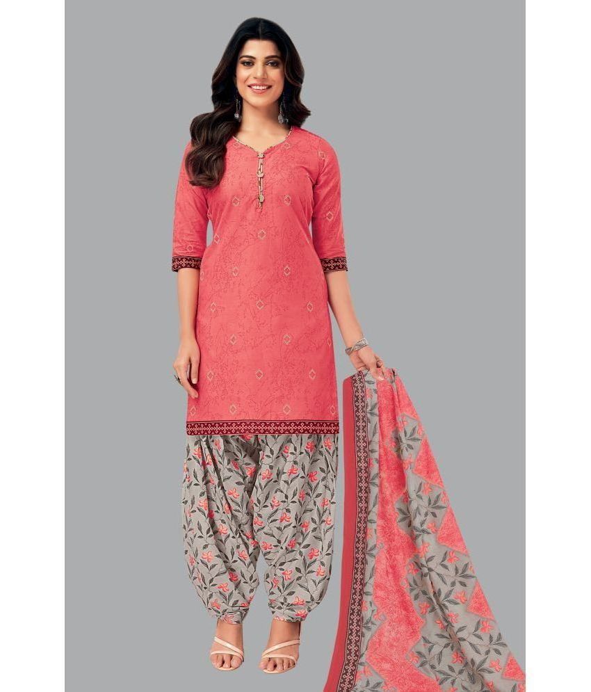     			SIMMU Cotton Printed Kurti With Patiala Women's Stitched Salwar Suit - Coral ( Pack of 1 )