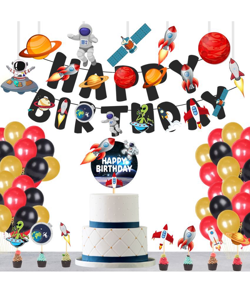     			Space Astronaut Theme Birthday Banner + 1 pc. Cake Topper+ 7 Pc. Cutout+ 7 Pc. Cupcake Topper+ 30 Metallic Balloon (Golden, Black, Red) Birthday Decorations Kit, Birthday Decoration items, Birthday Balloon Decoration Combo For Boys, Girls, Kids.