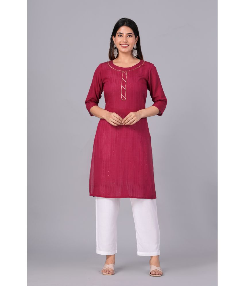     			Doriya Cotton Blend Embroidered Kurti With Palazzo Women's Stitched Salwar Suit - Maroon ( Pack of 1 )
