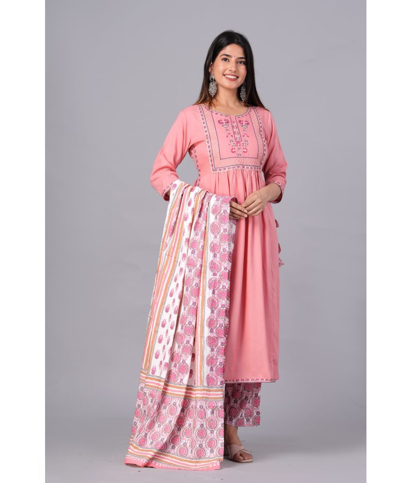     			Doriya Rayon Embroidered Kurti With Palazzo Women's Stitched Salwar Suit - Pink ( Pack of 1 )