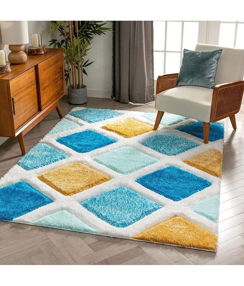     			Irfan Carpets Blue Shaggy Carpet Floral 4x6 Ft