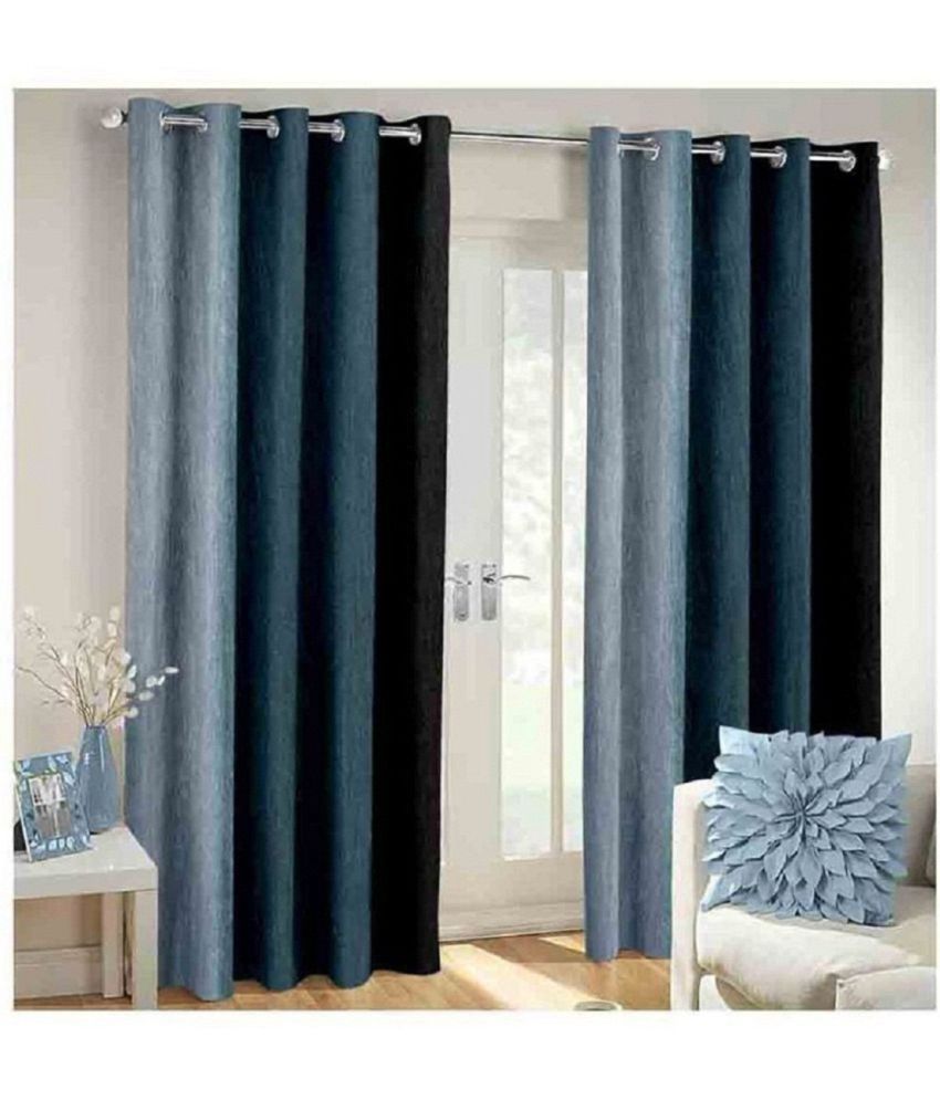     			N2C Home Colorblock Semi-Transparent Eyelet Curtain 7 ft ( Pack of 2 ) - Black