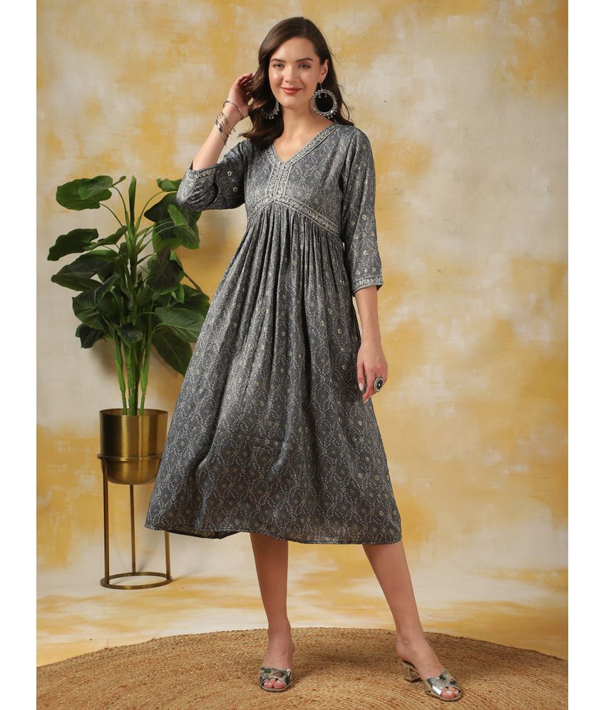     			Rangita Women Grey Rayon Printed Empire Dress Calf Length Ethnic Dress with Belt