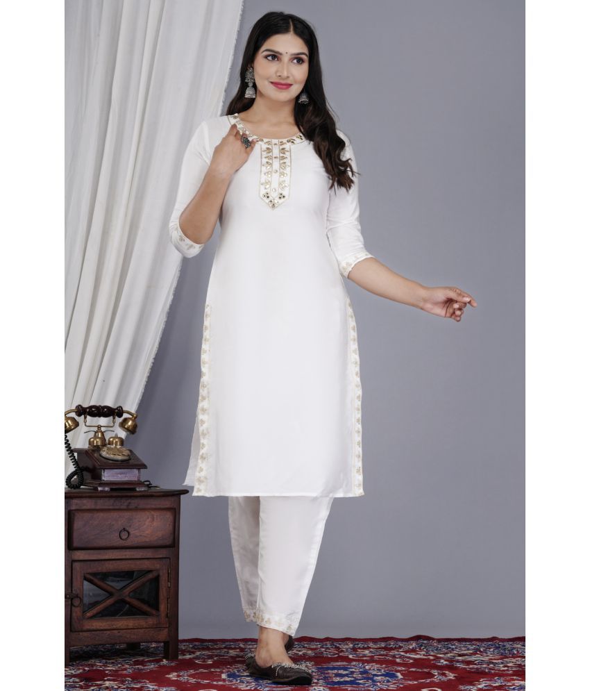     			EXPORTHOUSE Silk Embroidered Kurti With Pants Women's Stitched Salwar Suit - White ( Pack of 1 )