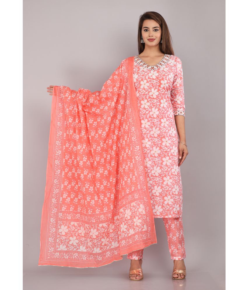     			HIGHLIGHT FASHION EXPORT Cotton Printed Kurti With Pants Women's Stitched Salwar Suit - Peach ( Pack of 1 )