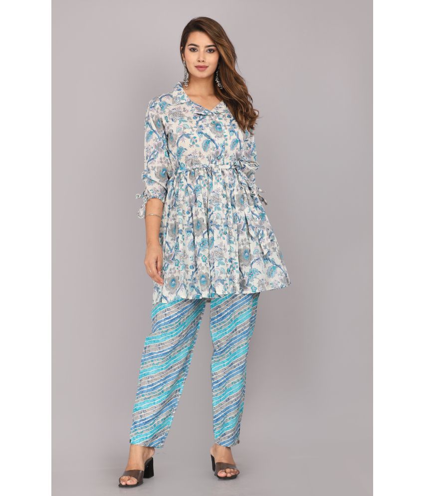     			HIGHLIGHT FASHION EXPORT Cotton Printed Kurti With Pants Women's Stitched Salwar Suit - Light Blue ( Pack of 1 )