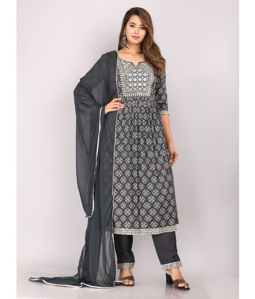     			HIGHLIGHT FASHION EXPORT Rayon Printed Kurti With Pants Women's Stitched Salwar Suit - Light Grey ( Pack of 1 )