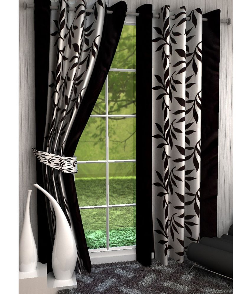     			N2C Home Floral Semi-Transparent Eyelet Curtain 9 ft ( Pack of 2 ) - Black