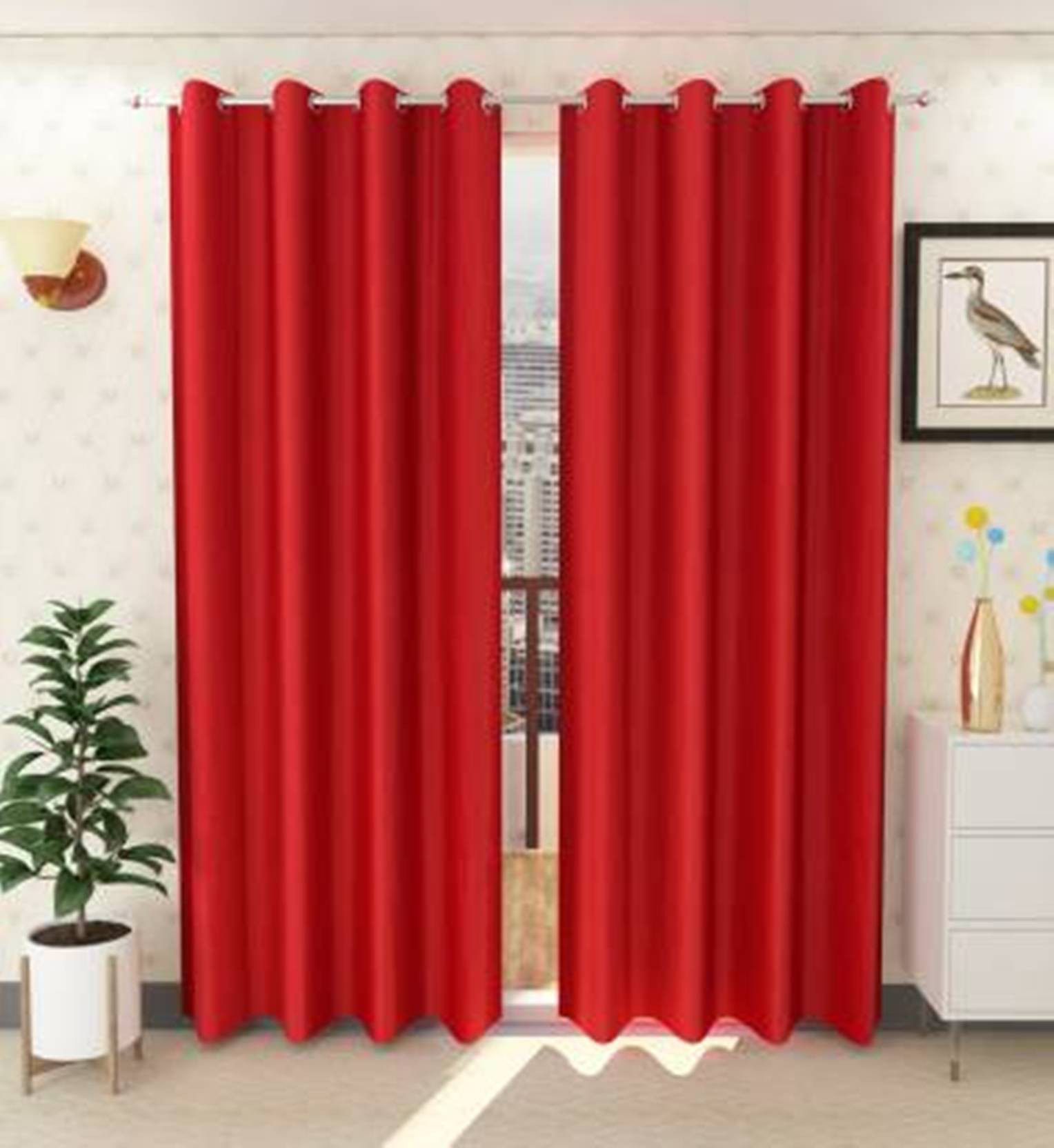     			N2C Home Solid Semi-Transparent Eyelet Curtain 7 ft ( Pack of 2 ) - Red
