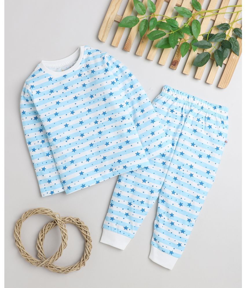     			BUMZEE White & Blue Boys Full Sleeves T-Shirt & Pyjama Set Age - 2-3 Years