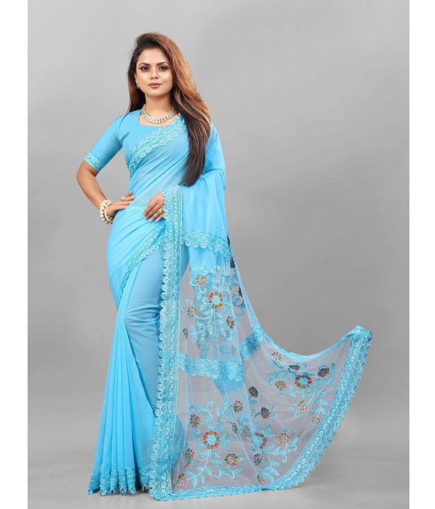     			JULEE Georgette Embroidered Saree With Stitched Blouse - SkyBlue ( Pack of 1 )