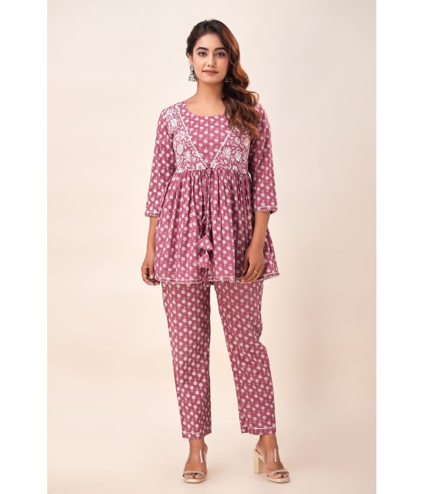     			NeshamaKurti Cotton Printed Kurti With Pants Women's Stitched Salwar Suit - Mauve ( Pack of 1 )