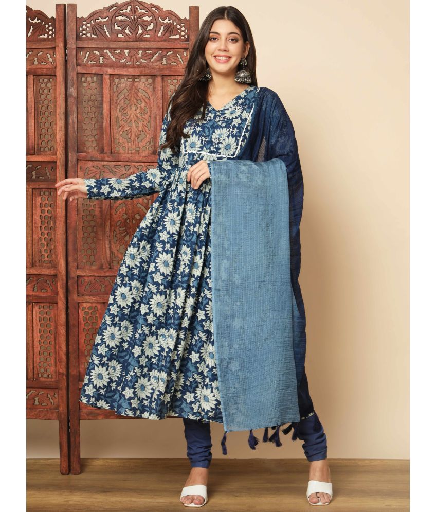     			Vbuyz Cotton Printed Anarkali With Churidar Women's Stitched Salwar Suit - Blue ( Pack of 1 )