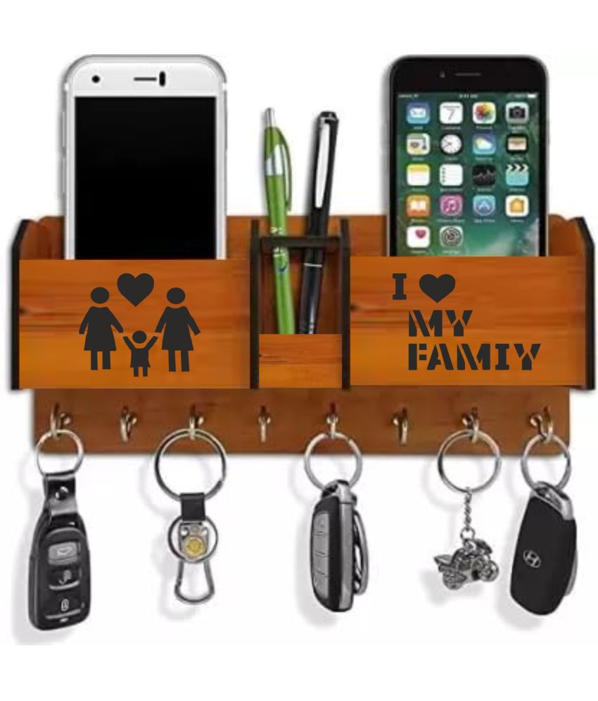     			Big Boss Enterprises I Love My Family with 2 Pocket Mobile Holder, Pen Stand Wood Key Holder Stand (8 Hooks, Brown)