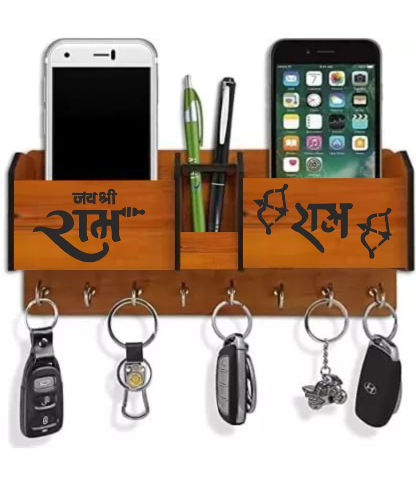     			Big Boss Enterprises Jai Shree Ram Dhanush Bann with 2 Pocket Mobile Holder, Pen Stand Wood Key Holder Stand (8 Hooks, Brown)