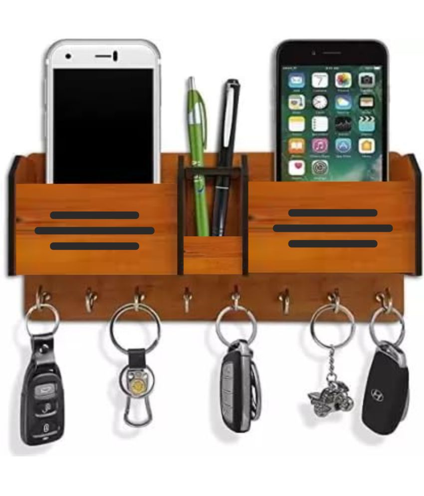     			Big Boss Enterprises Simple Design with 2 Pocket Mobile Holder, Pen Stand Wood Key Holder Stand (8 Hooks, Brown)