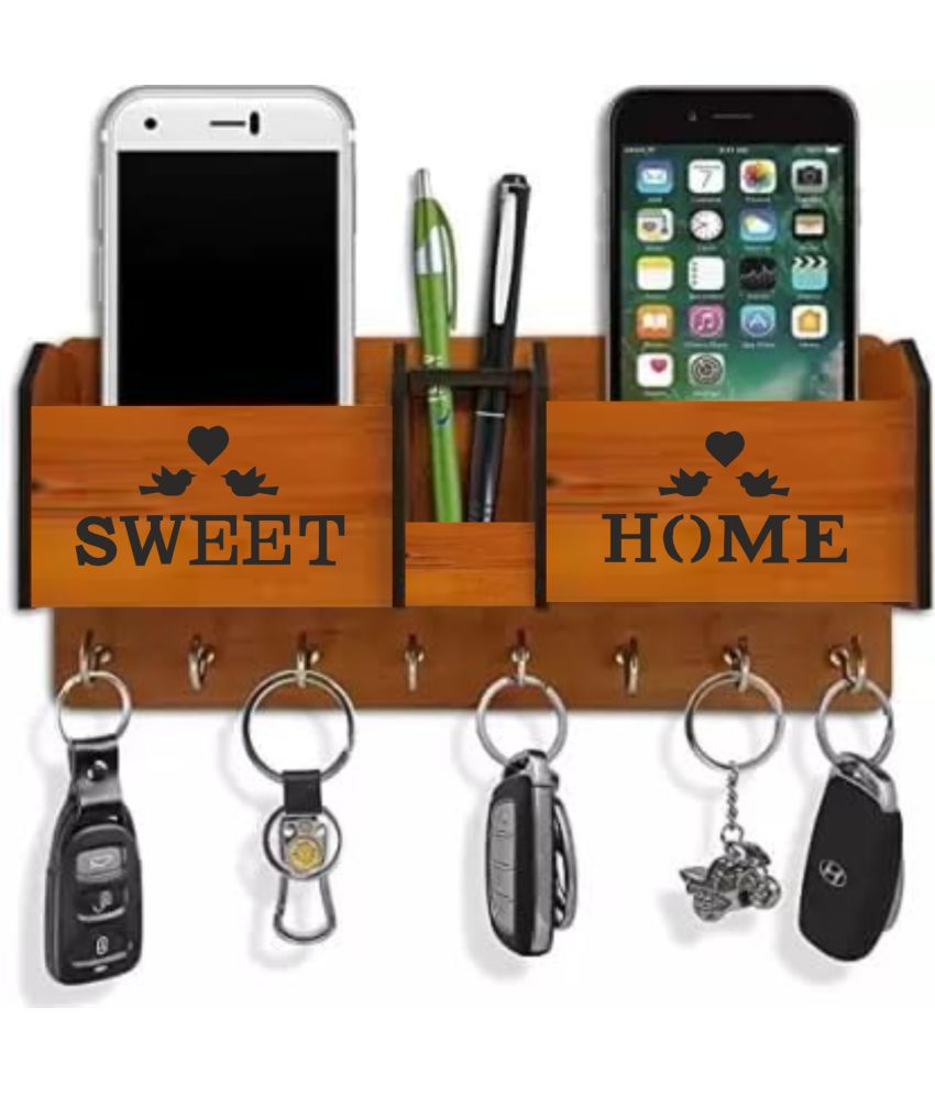     			Big Boss Enterprises Sweet Home With Love Birds and Heart with 2 Pocket Mobile Holder, Pen Stand Wood Key Holder Stand (8 Hooks, Brown)