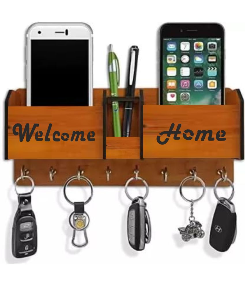     			Big Boss Enterprises Welcome Home with 2 Pocket Mobile Holder, Pen Stand Wood Key Holder Stand (8 Hooks, Brown)