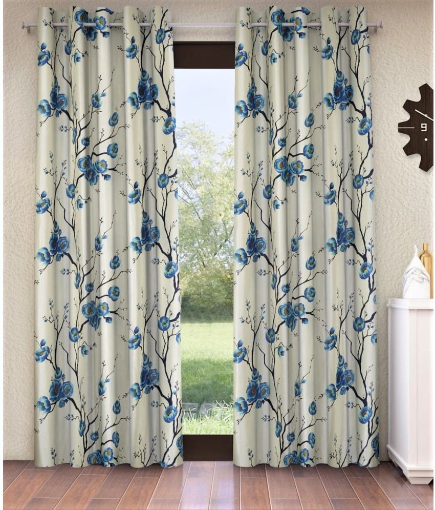     			Fashion String Floral Semi-Transparent Eyelet Curtain 5 ft ( Pack of 2 ) - Blue