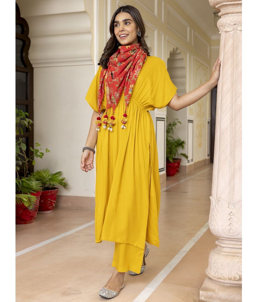     			Janasya Rayon Solid Kurti With Palazzo Women's Stitched Salwar Suit - Mustard ( Pack of 3 )